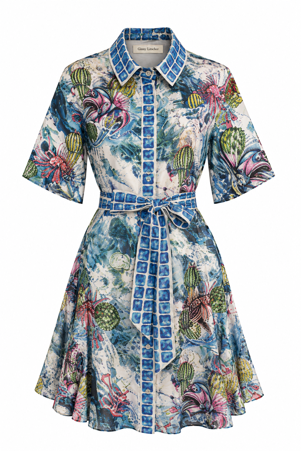 Ocean-Inspired Blue Tile Shirt Dress, shown flat on a white background