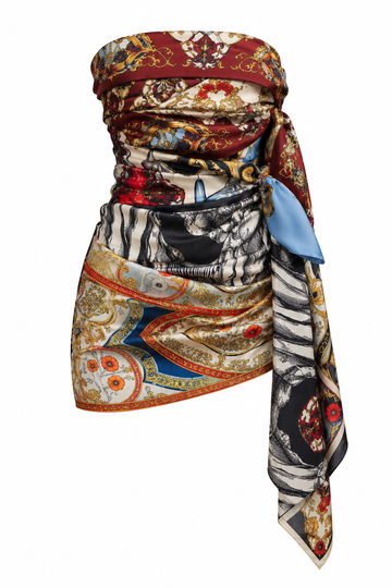 Ornate Baroque Scarf-Wrap Mini Dress, shown flat on a white background
