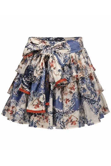 Ornate Blue Toile Ruffled Mini Skirt, shown flat on a white background