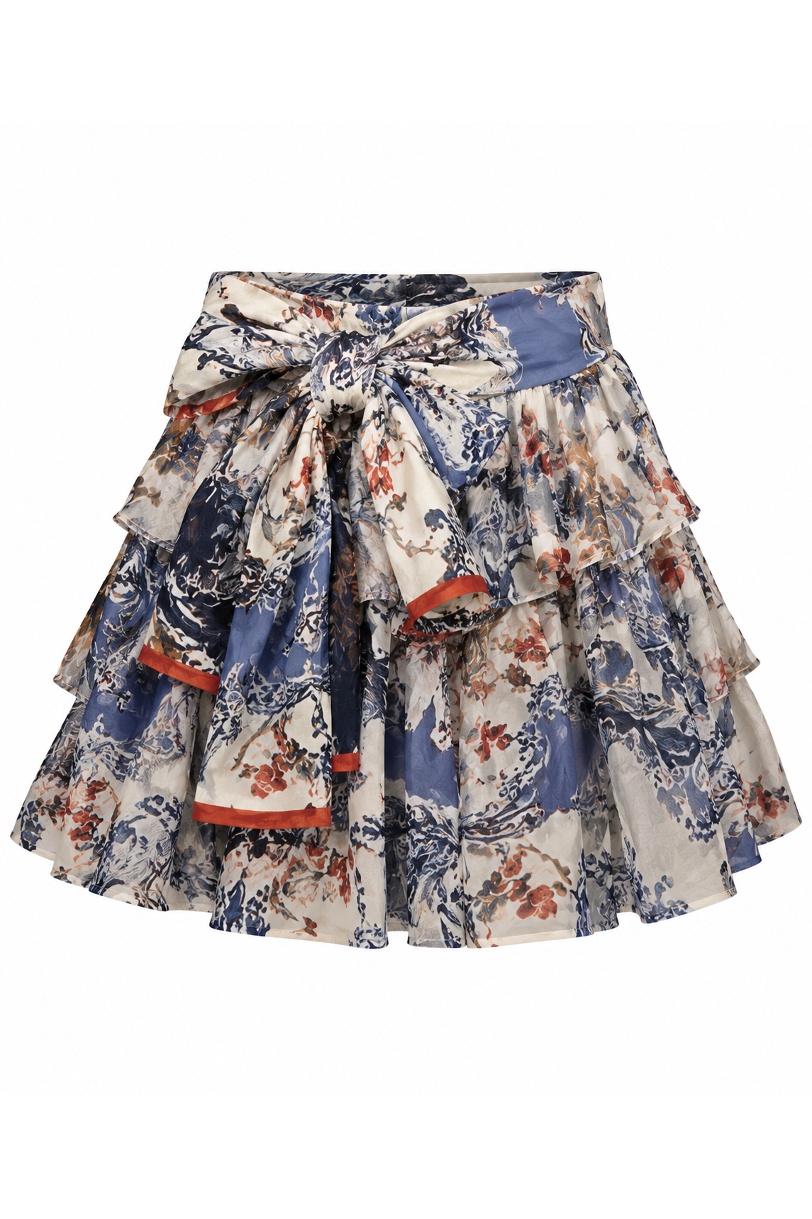 Ornate Blue Toile Ruffled Mini Skirt, shown flat on a white background