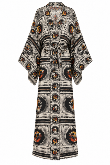 Ornate Paisley Koi Fish Kimono Robe, shown flat on a white background