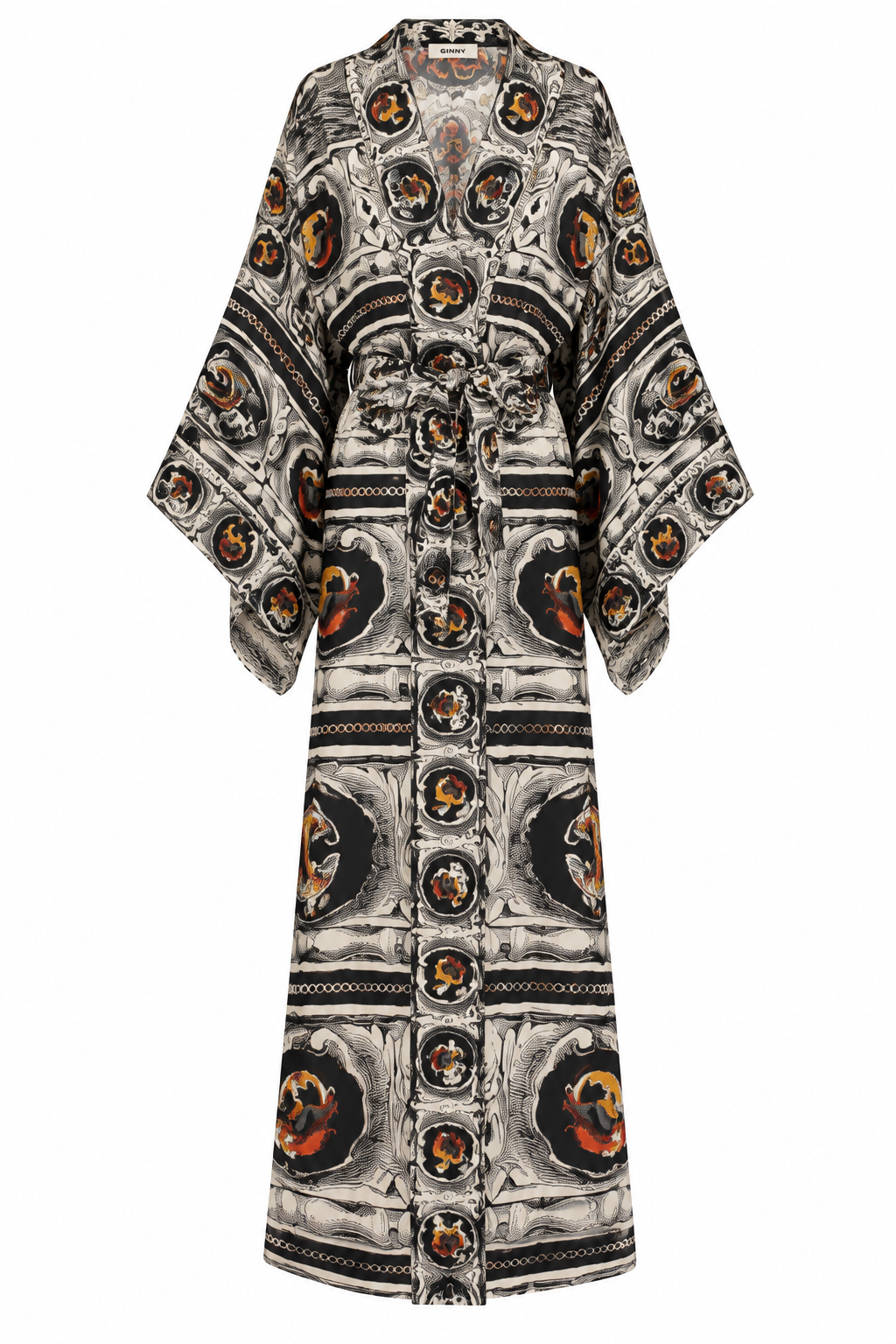 Ornate Paisley Koi Fish Kimono Robe, shown flat on a white background