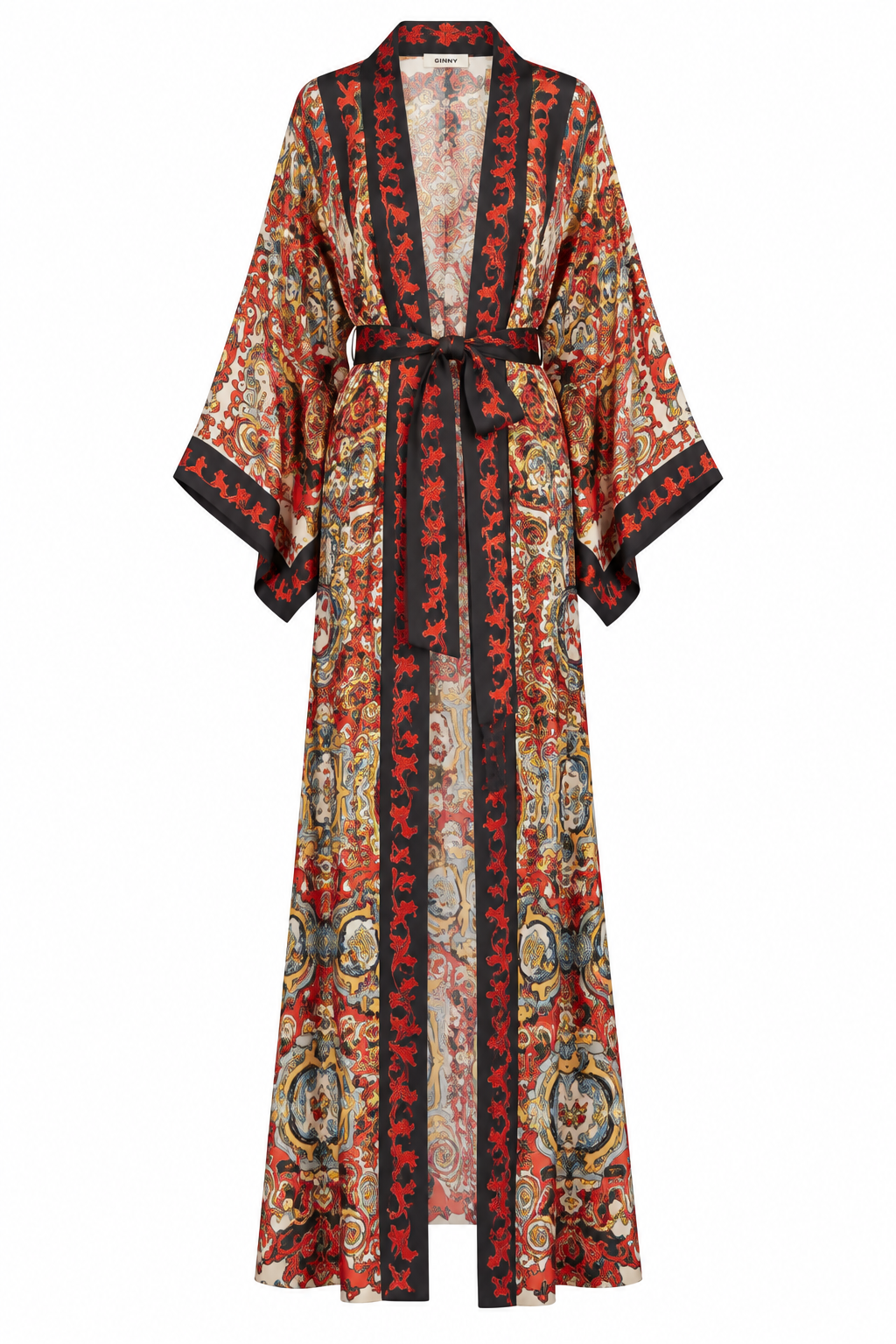 Ornate Red and Gold Paisley Kimono Robe, shown flat on a white background