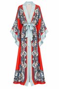 Ornate Red and Ice-Blue Kimono Robe, shown flat on a white background