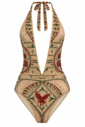 Ornate Rhinestone Halter Bodysuit, shown flat on a white background