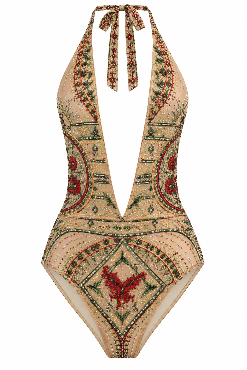 Ornate Rhinestone Halter Bodysuit, shown flat on a white background