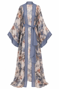 Sheer Blue Toile Floral Kimono Robe, shown flat on a white background