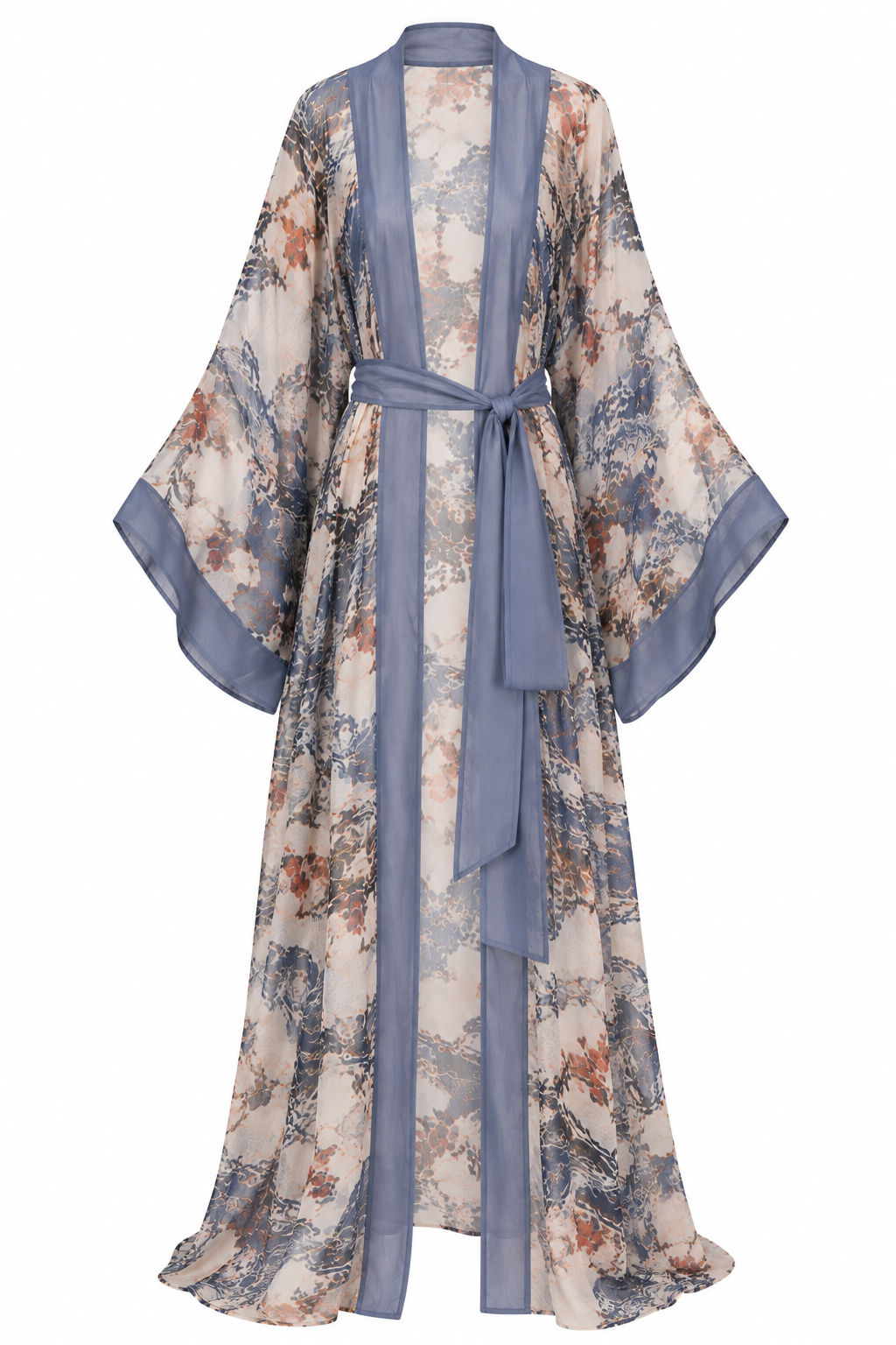 Sheer Blue Toile Floral Kimono Robe, shown flat on a white background
