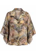 Sheer Botanical Print Button-Up Blouse, shown flat on a white background