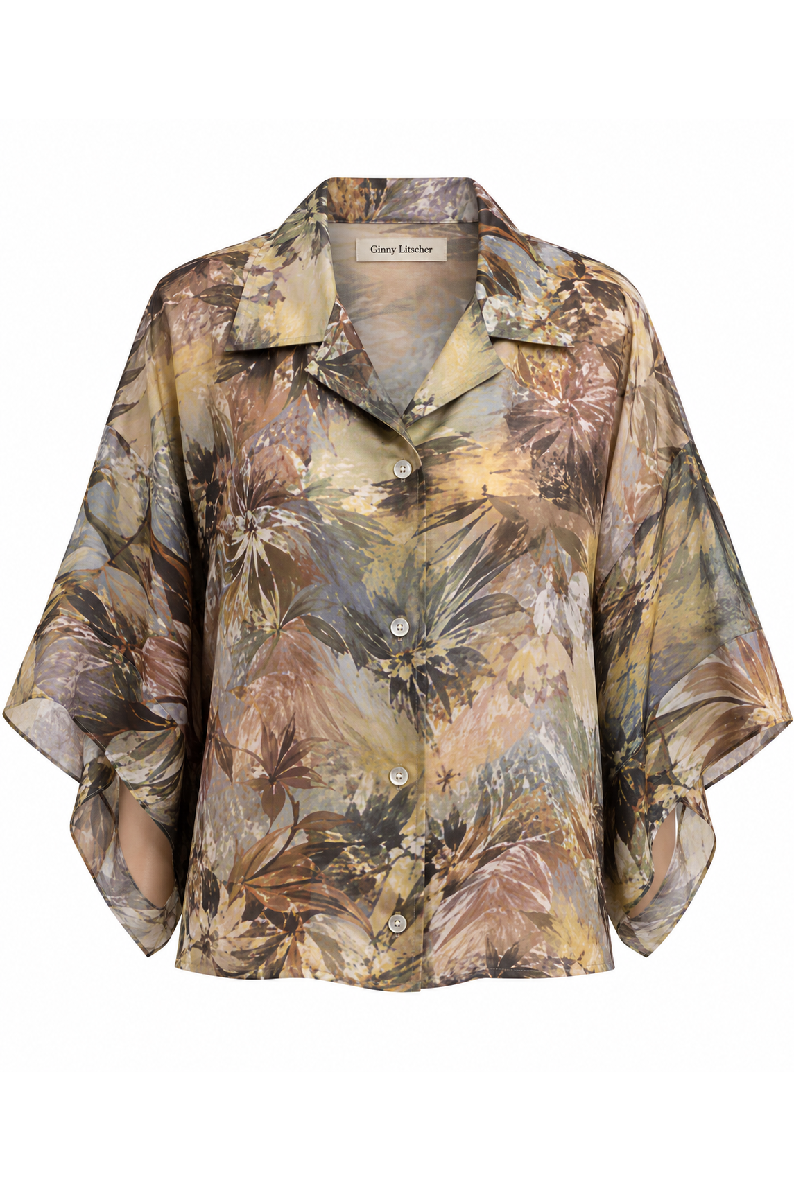 Sheer Botanical Print Button-Up Blouse, shown flat on a white background