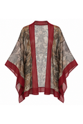 Sheer Burgundy-Trimmed Botanical Kimono, shown flat on a white background