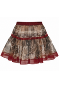 Sheer Burgundy-Trimmed Botanical Ruffle Skirt, shown flat on a white background