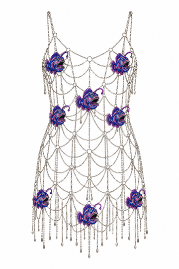 Silver Chainmail Dress with Colourful Fish Appliqués, shown flat on a white background