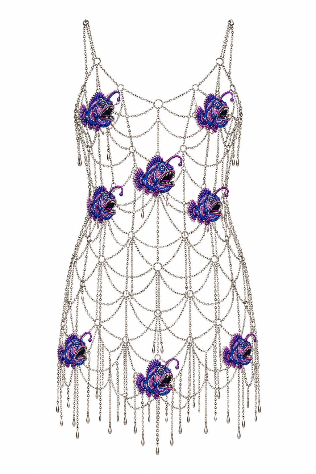 Silver Chainmail Dress with Colourful Fish Appliqués, shown flat on a white background