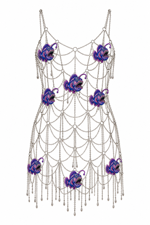 Silver Chainmail Dress with Colourful Fish Appliqués, shown flat on a white background