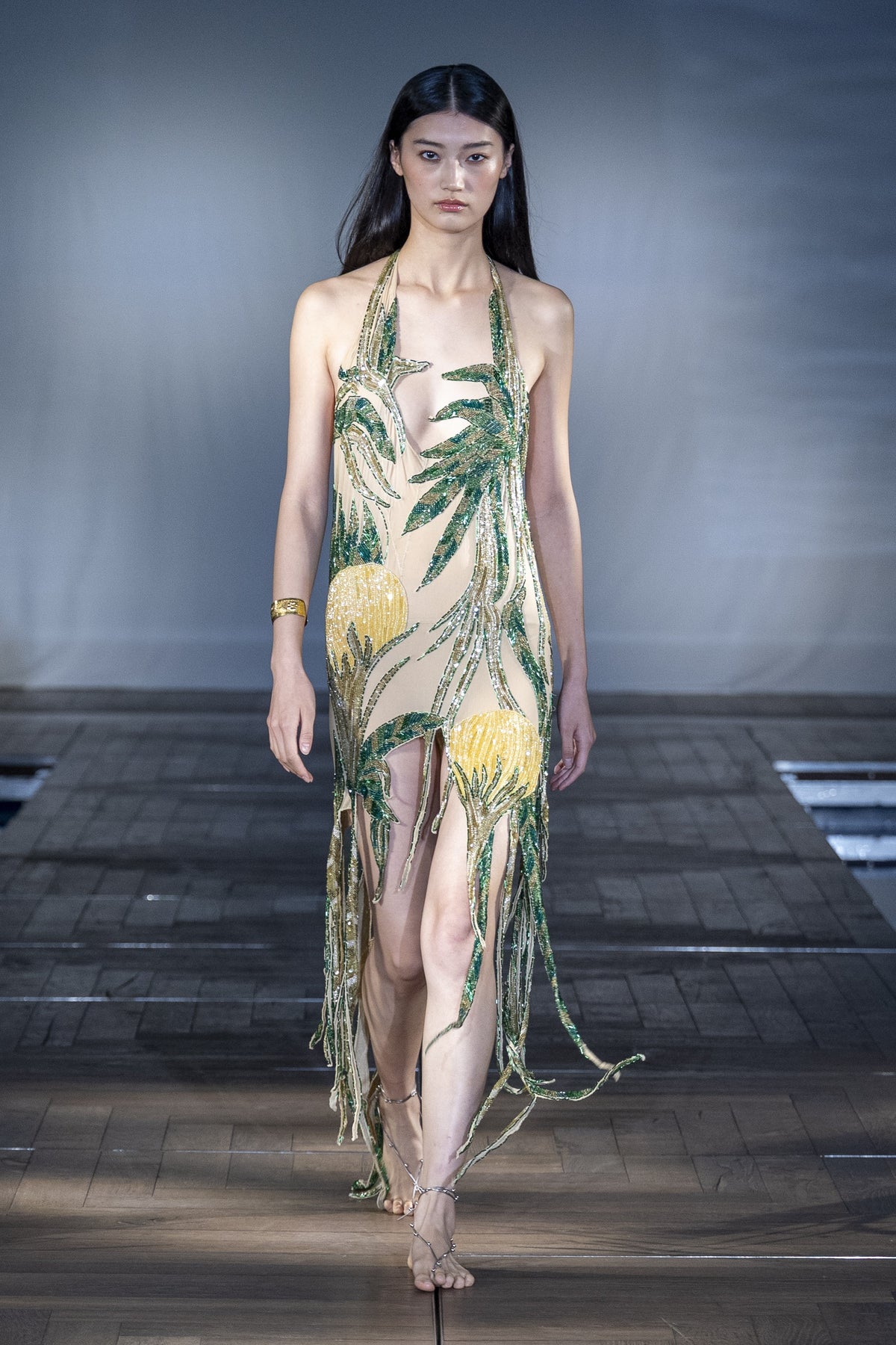 Golden Palms Sequin Gown worn on the runway