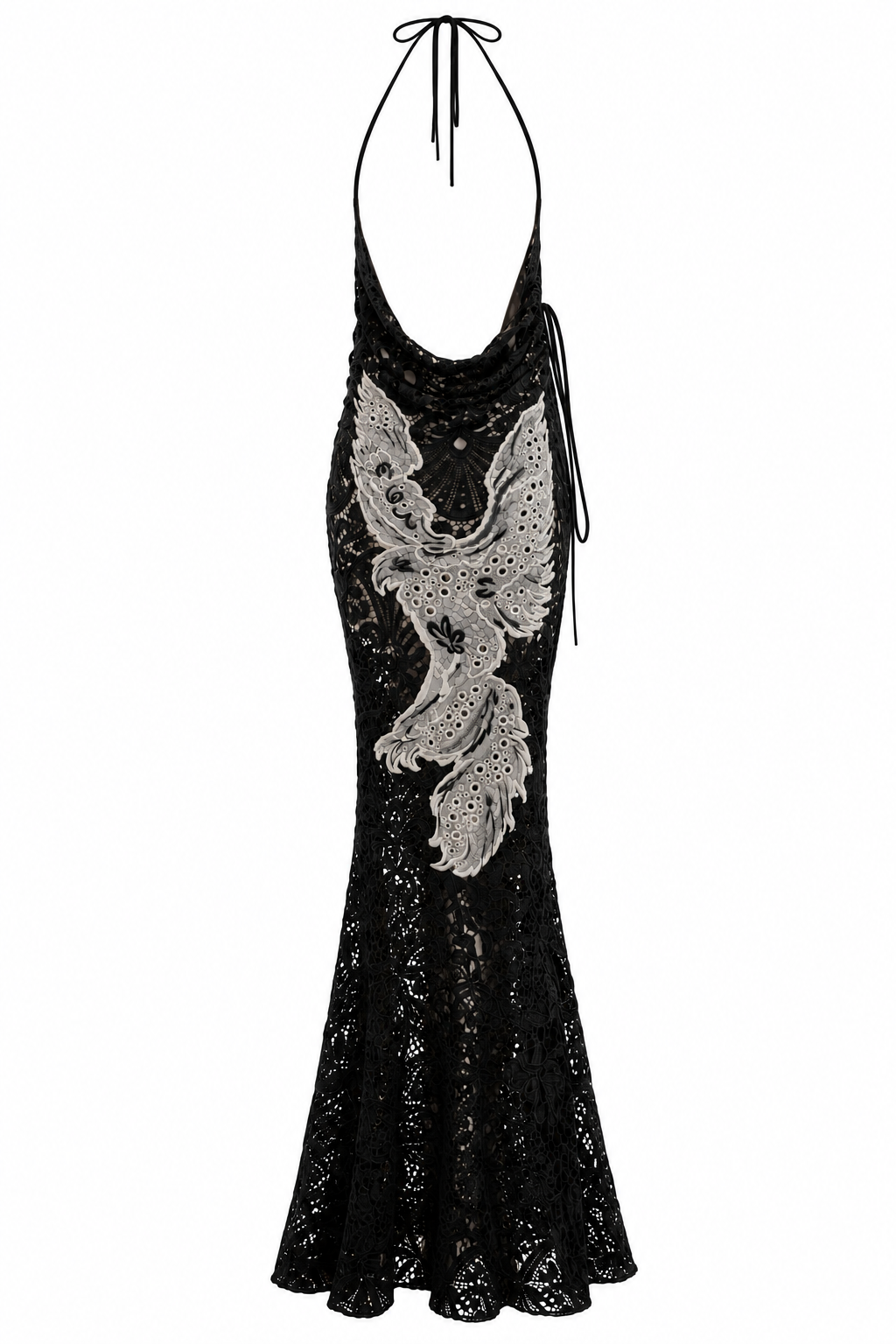 Gothic Lace Phoenix Halter Gown, back, showing the cowl and halter tie