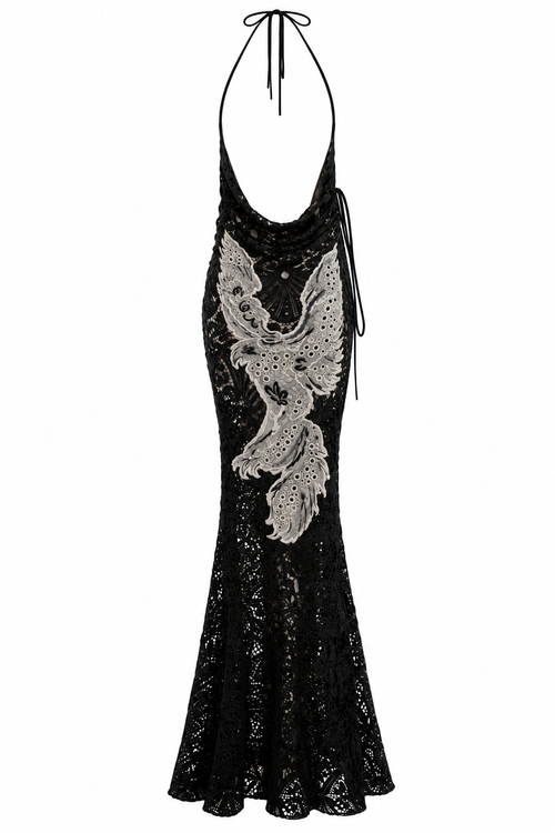 Gothic Lace Phoenix Halter Gown, back, showing the cowl and halter tie