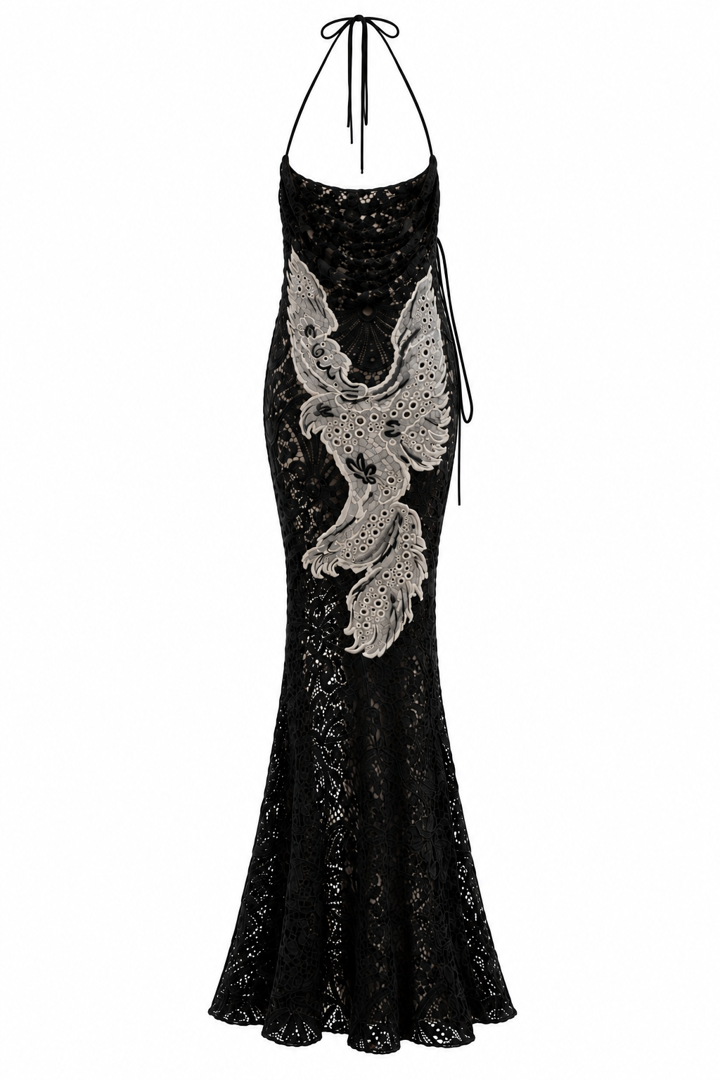Gothic Lace Phoenix Halter Gown, front, shown flat on a white background