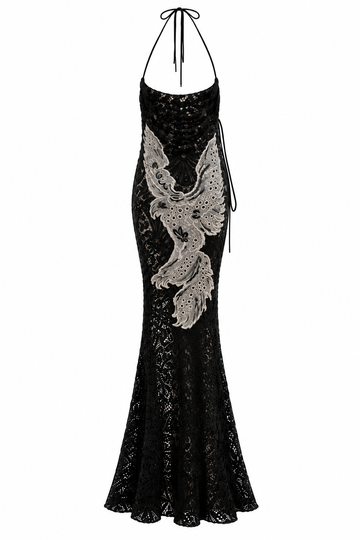 Gothic Lace Phoenix Halter Gown, front, shown flat on a white background