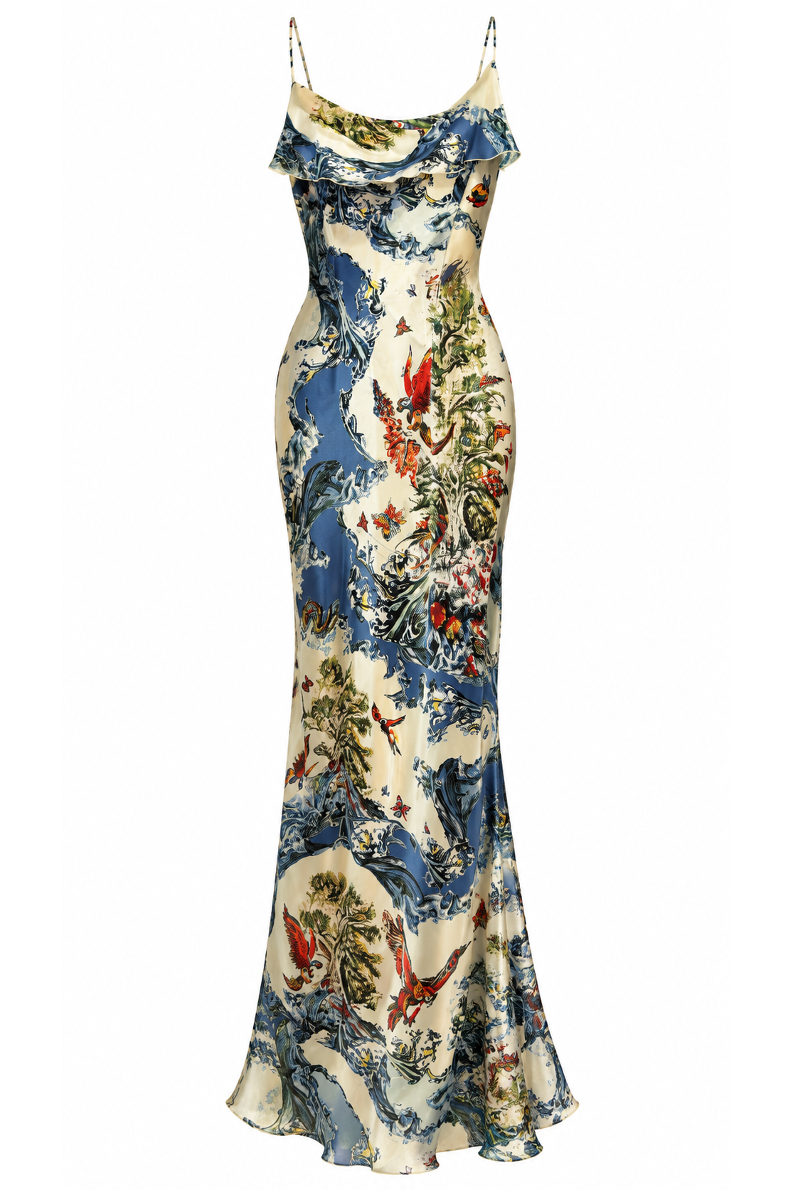 Ivory Blue Dragon Print Slip Dress, shown flat on a white background