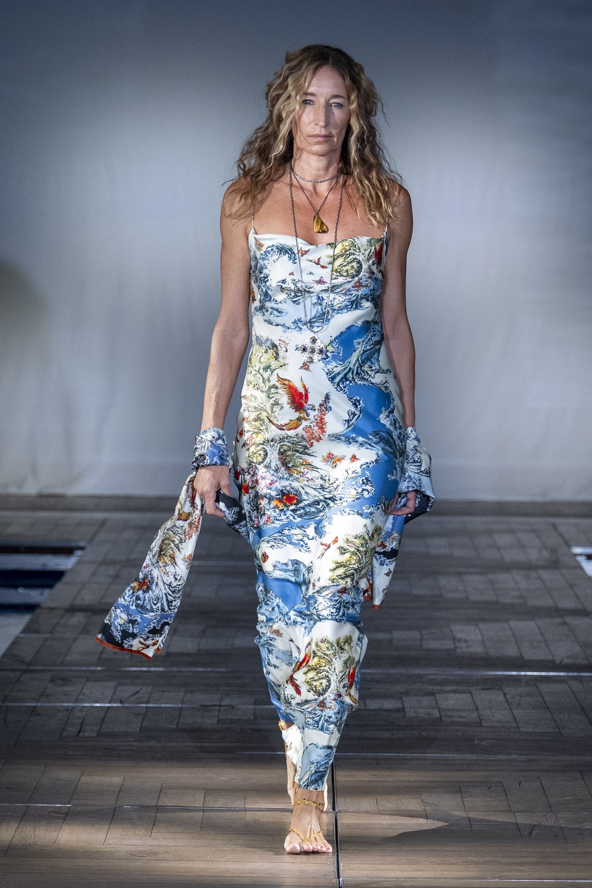 Ivory Blue Dragon Print Slip Dress worn on the runway