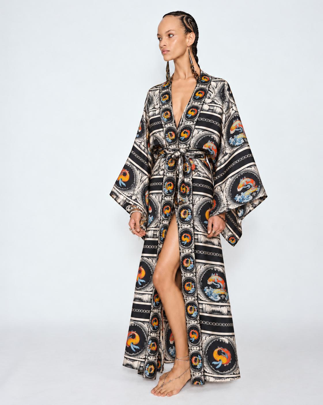 The Koi Fish Kimono Robe worn belted, full length