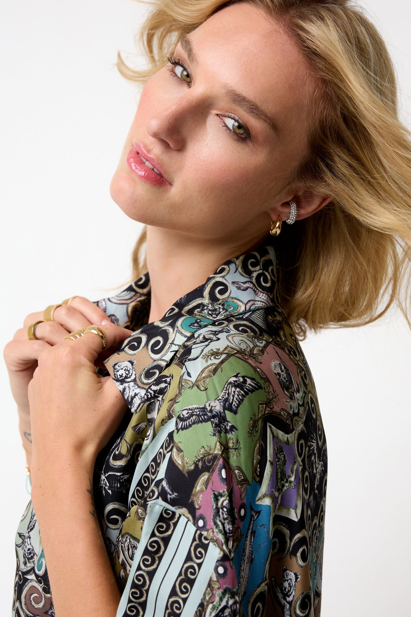 Blusa in Seta Stretch con Stampa Menta