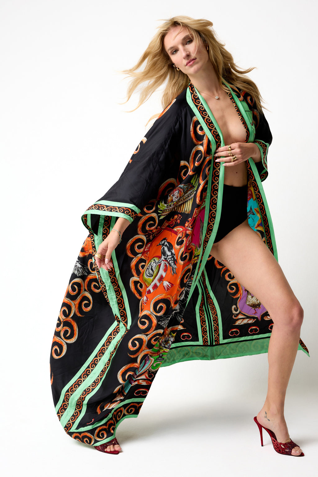 Kimono aus recyceltem Seidentwill mit Mint-Print