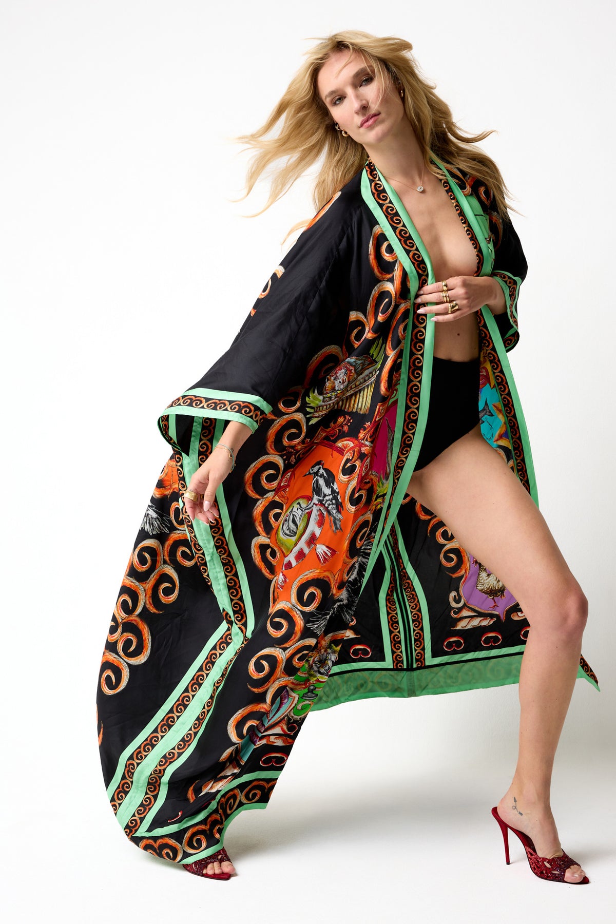 Kimono in Twill di Seta Riciclata con Stampa Menta