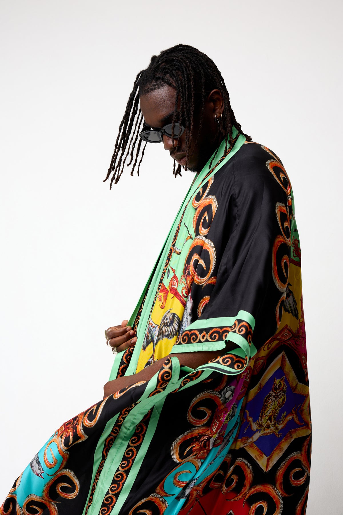 Kimono in Twill di Seta Riciclata con Stampa Menta