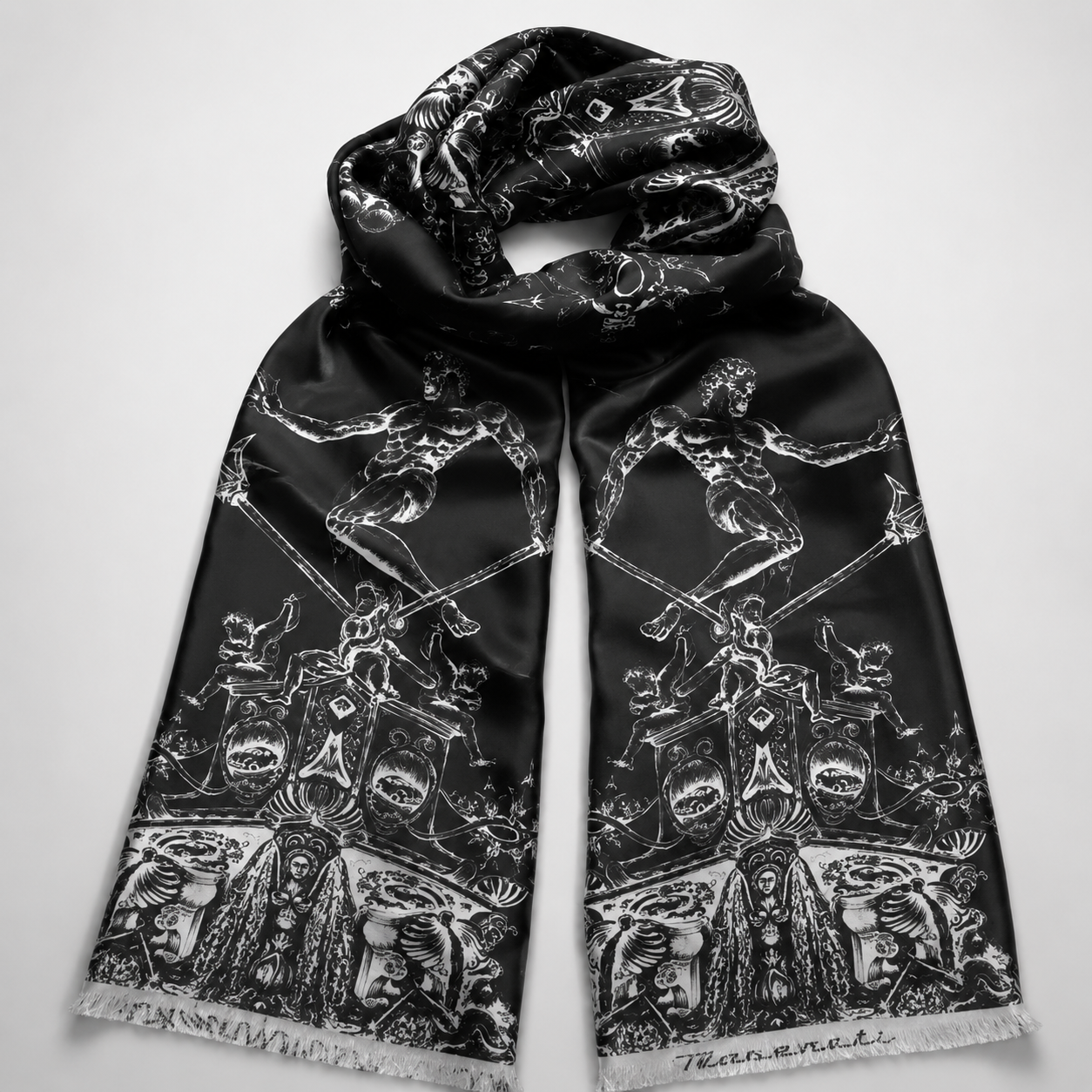 Maserati x Ginny Litscher Nettuno silk scarf — limited edition silk twill with hand-rolled fringes