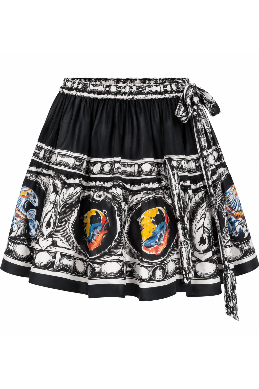 Midnight Aviary Silk Mini Skirt, shown flat on a white background