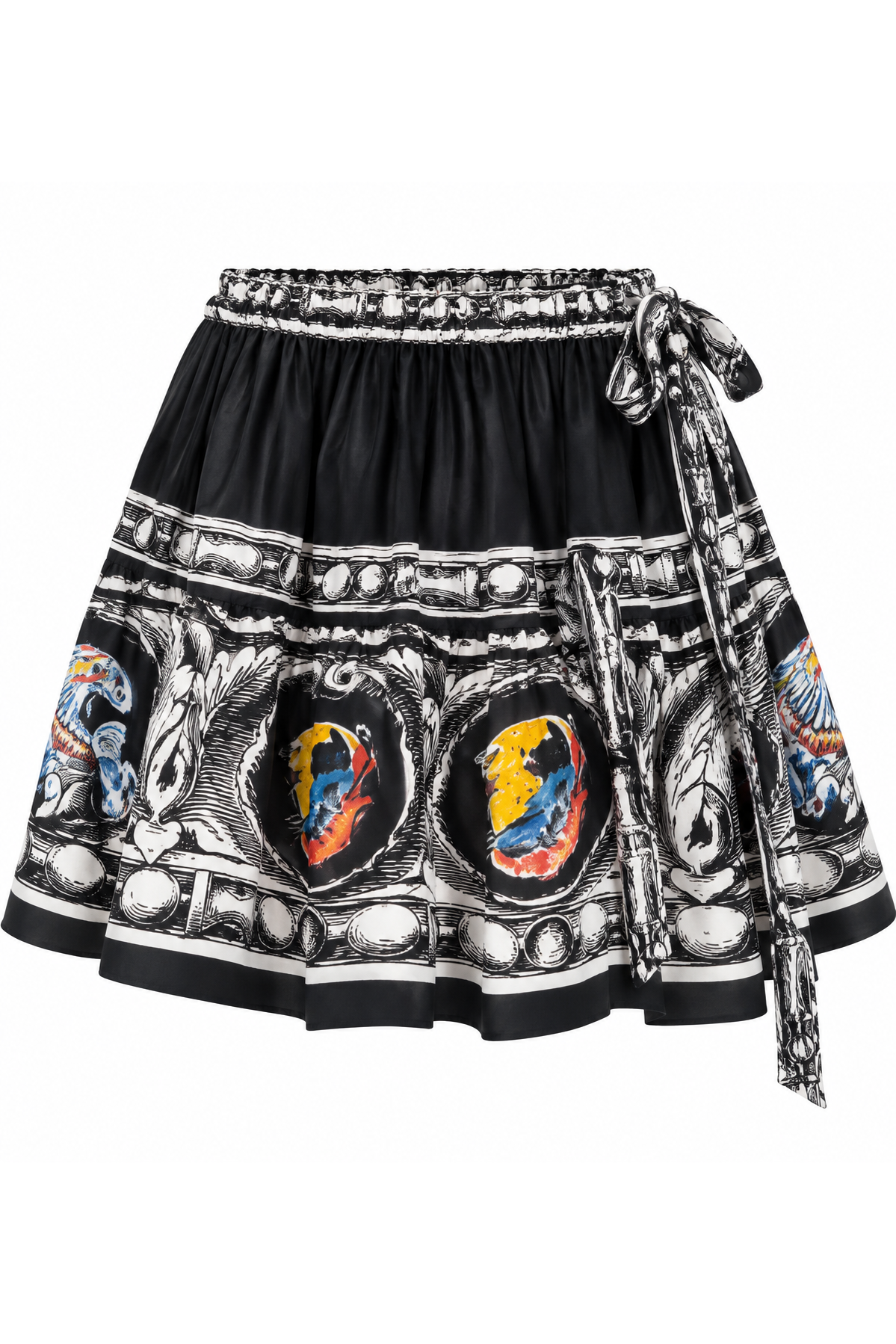 Midnight Aviary Silk Mini Skirt, shown flat on a white background