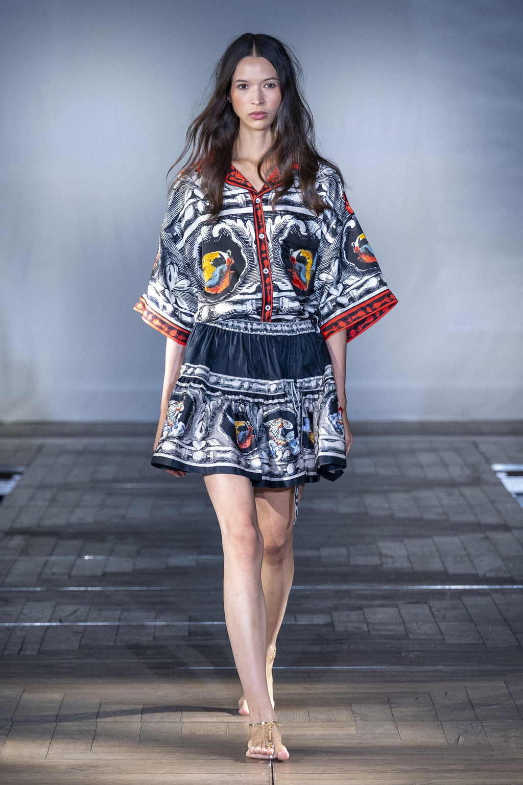 Midnight Aviary Silk Mini Skirt worn on the runway