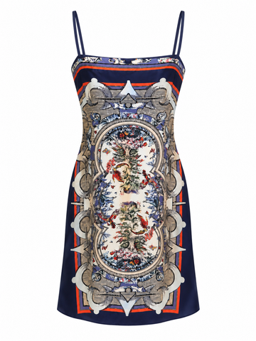 Ornate Navy Baroque Print Slip Dress, shown flat on a white background