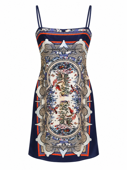 Ornate Navy Baroque Print Slip Dress, shown flat on a white background