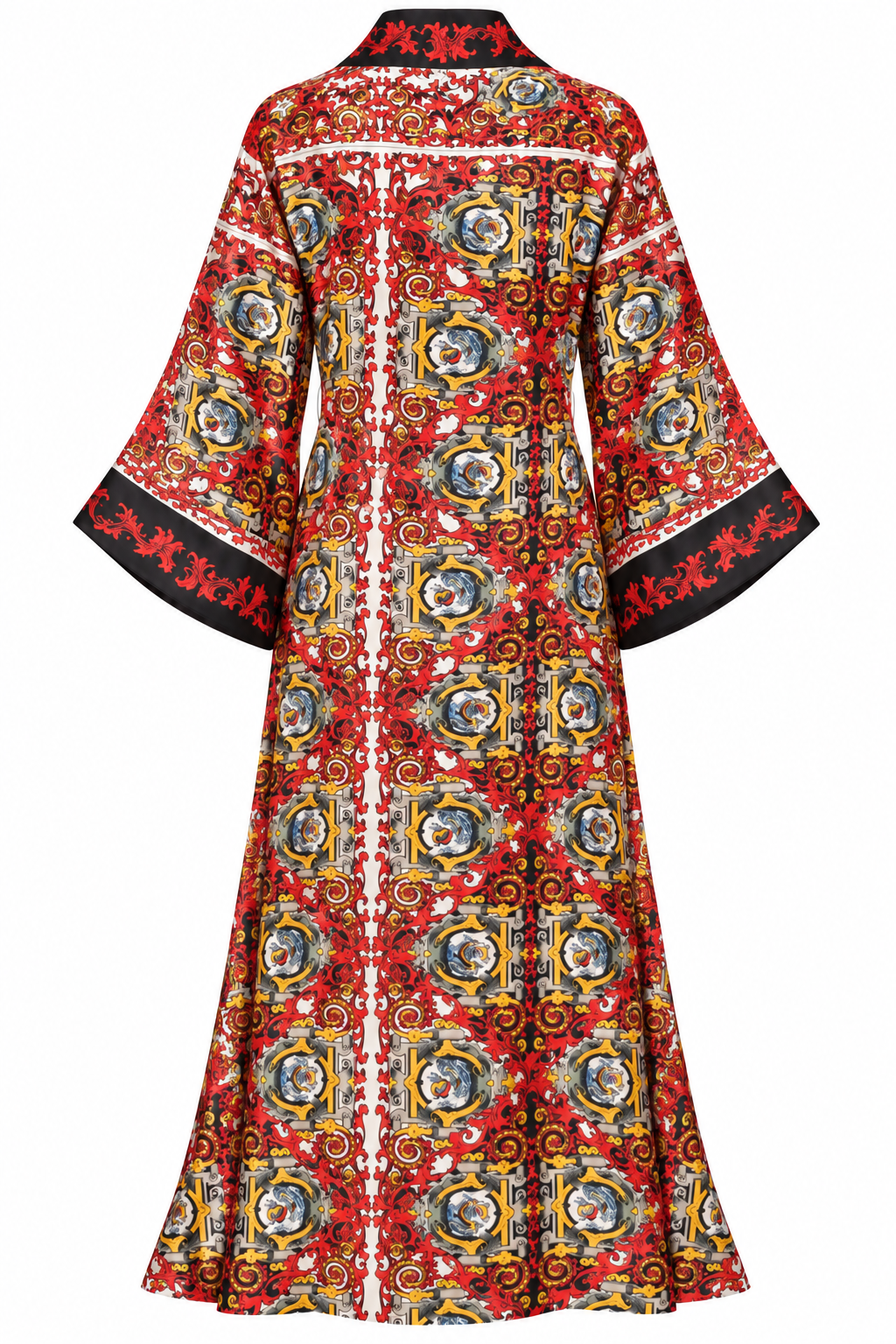 Ornate Red and Gold Paisley Kimono Robe, back, shown flat on a white background