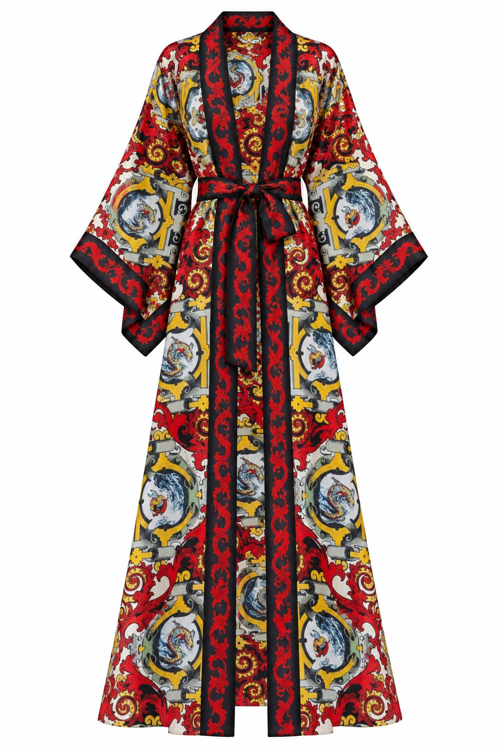 Ornate Red and Gold Paisley Kimono Robe, front: belted silk kimono in red, yellow and black with blue medallions