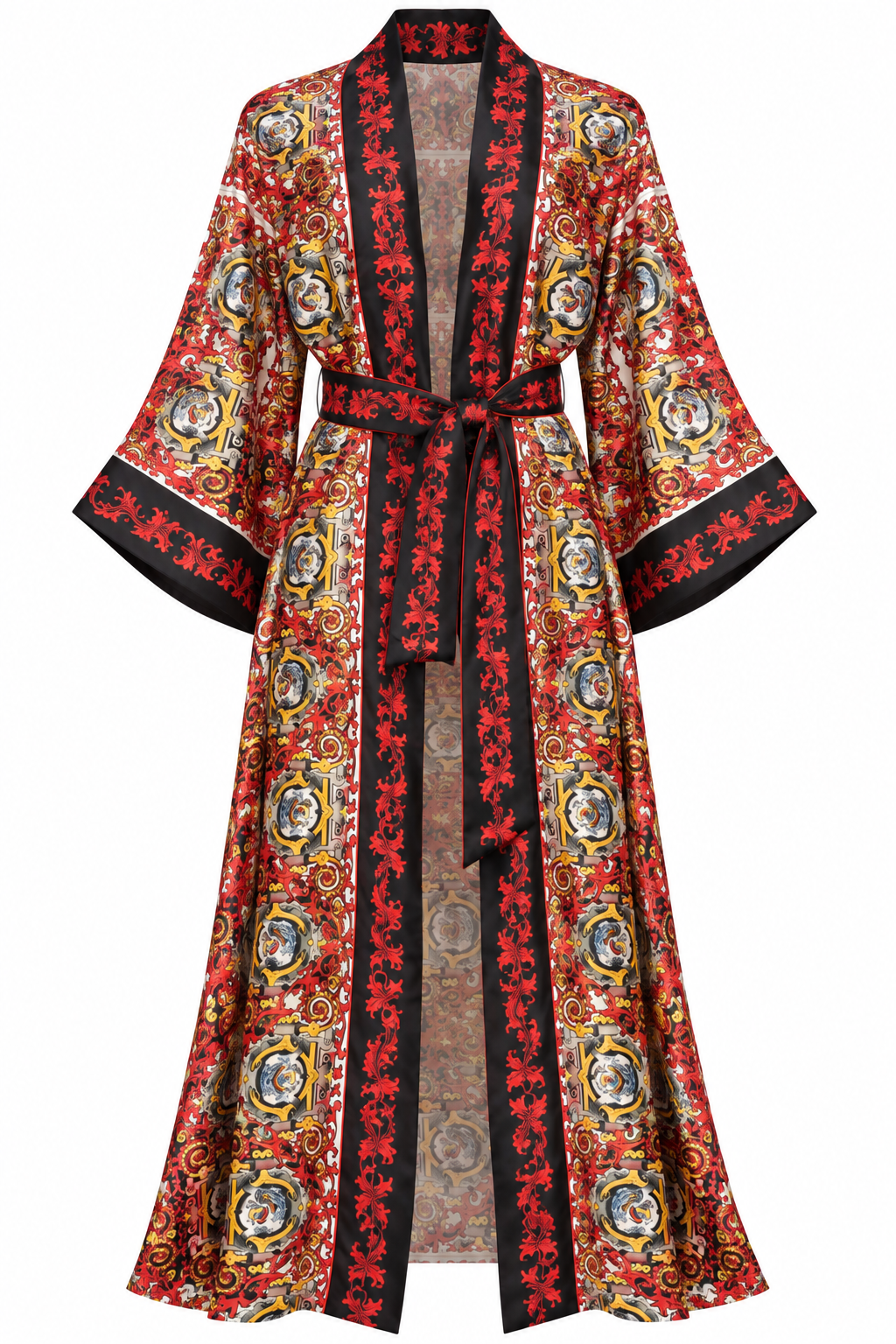 Ornate Red and Gold Paisley Kimono Robe, shown flat on a white background