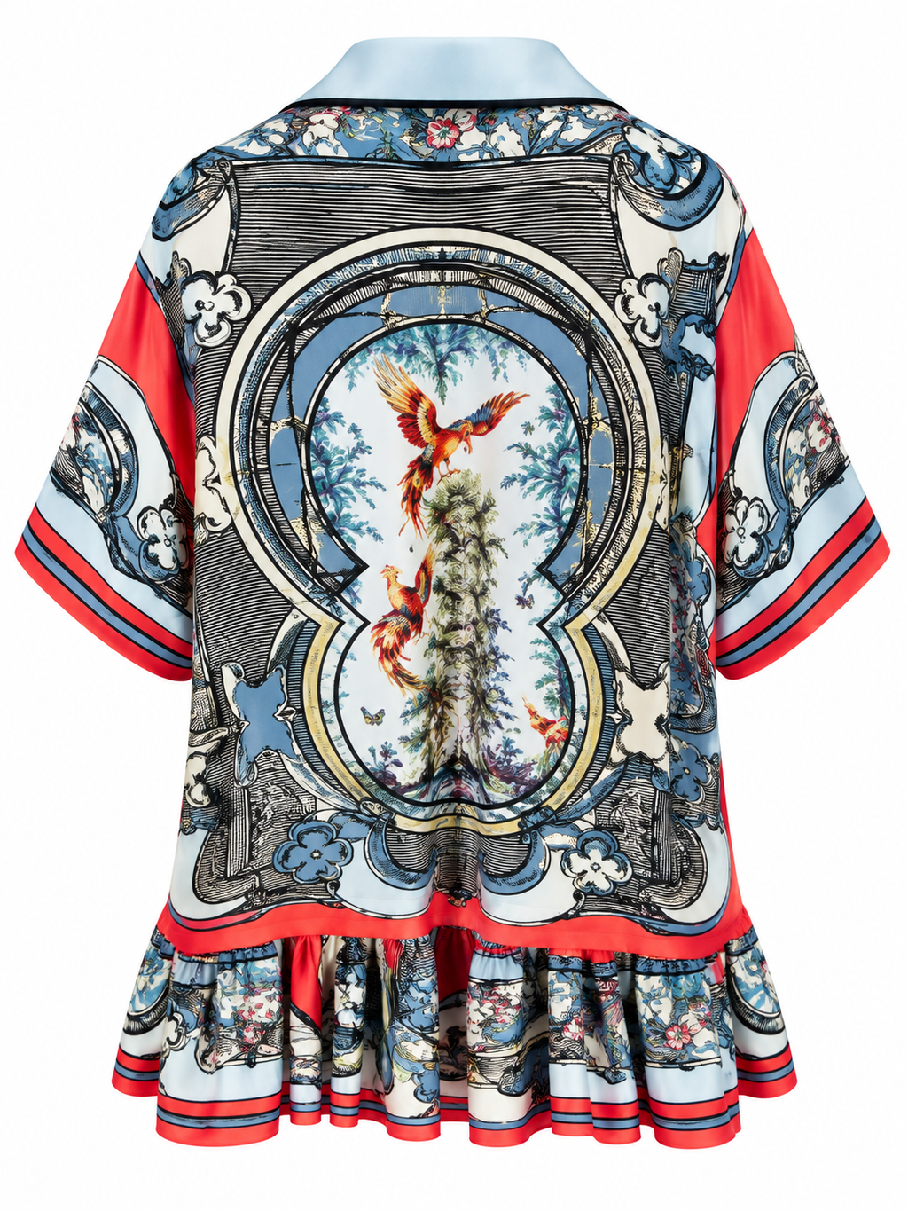 Ornate Silk Bird Print Dress, back, showing the printed birds and tree