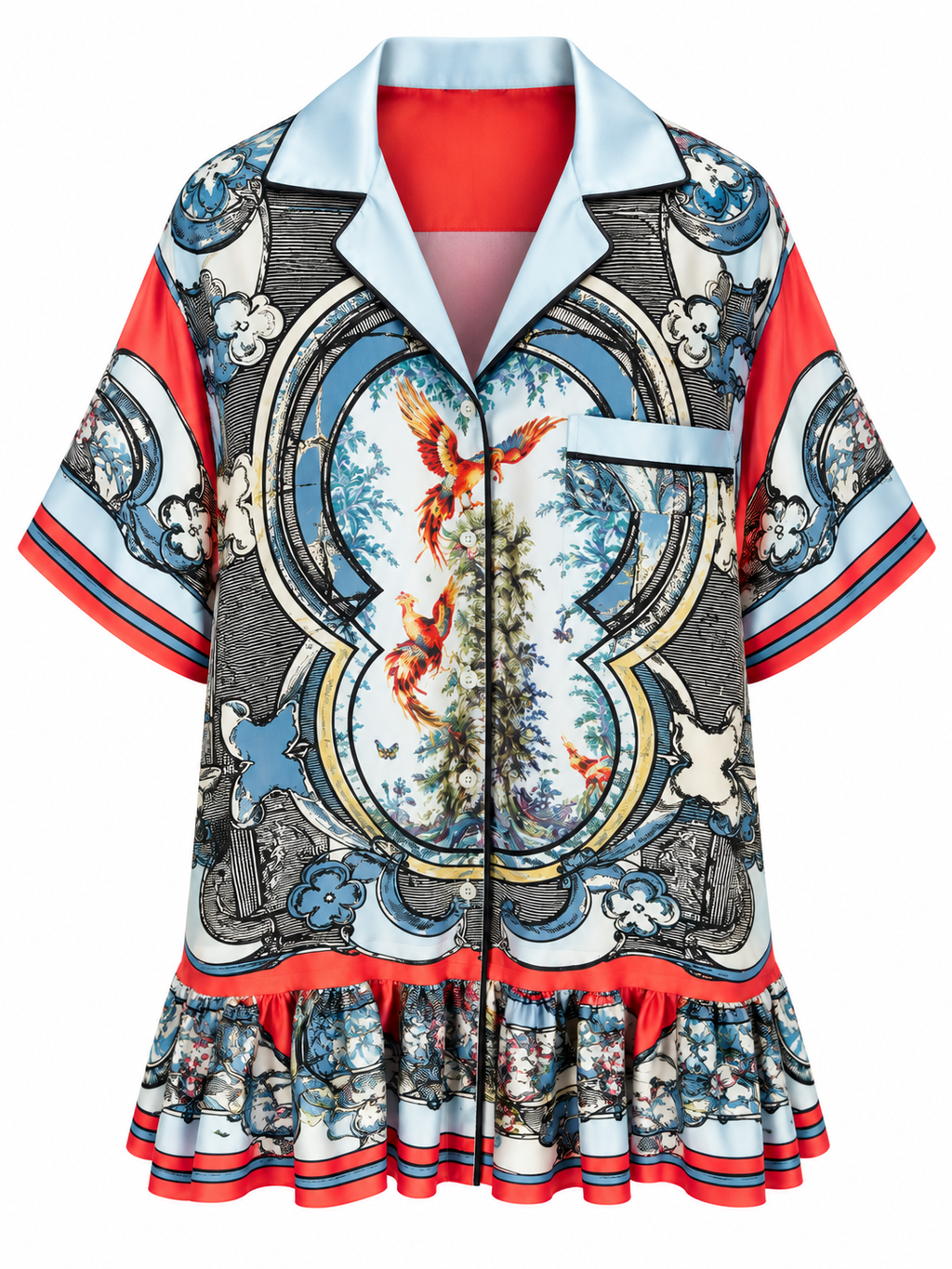 Ornate Silk Bird Print Dress, front, shown flat on a white background
