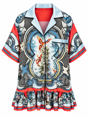 Ornate Silk Bird Print Dress, front, shown flat on a white background