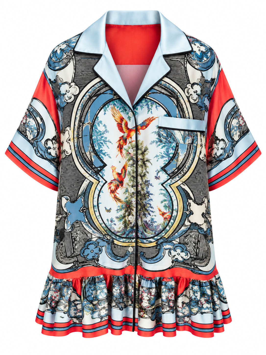 Ornate Silk Bird Print Dress, front, shown flat on a white background