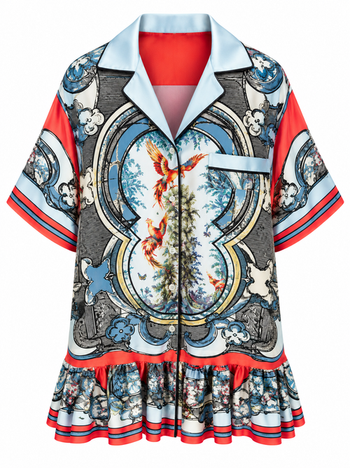 Ornate Silk Bird Print Dress, front, shown flat on a white background