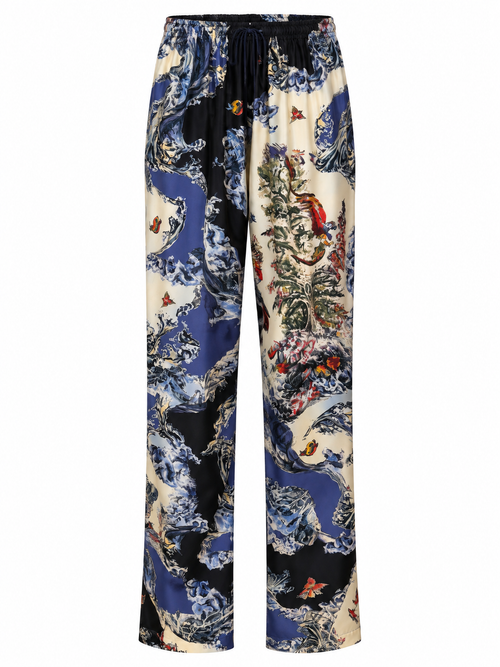 Ornate Silk Wave-Print Lounge Trousers, shown flat on a white background