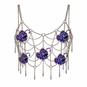 Ornate Silver Anglerfish Chain Bralette, shown flat on a white background