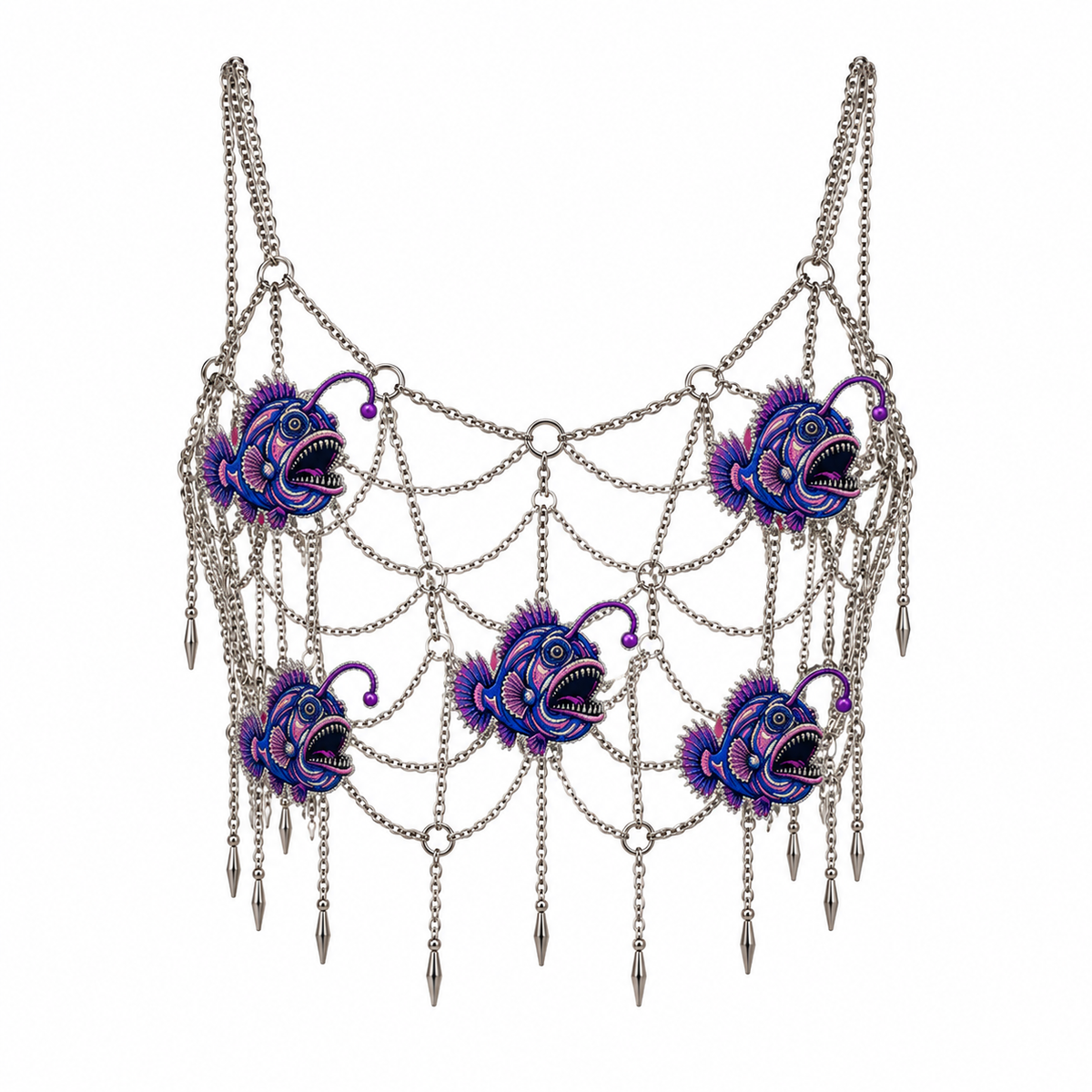 Ornate Silver Anglerfish Chain Bralette, shown flat on a white background