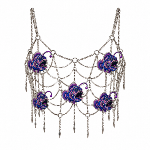 Ornate Silver Anglerfish Chain Bralette, shown flat on a white background