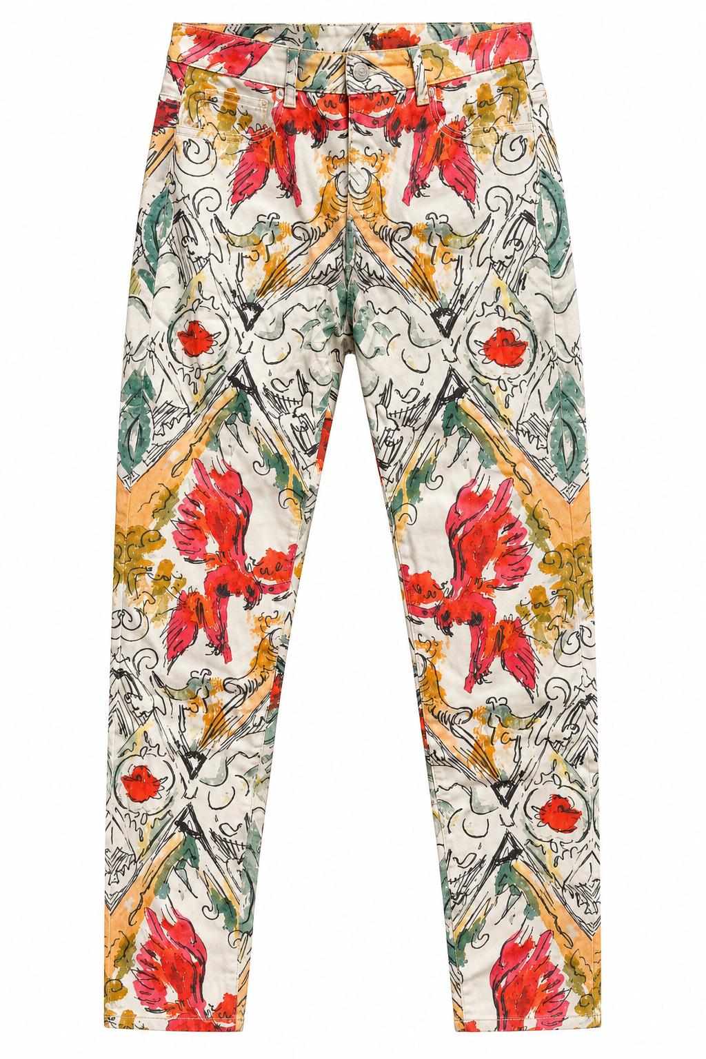 The Phoenix Stretch Jeans, front: off-white stretch jeans with a hand-painted red phoenix print in ochre and green